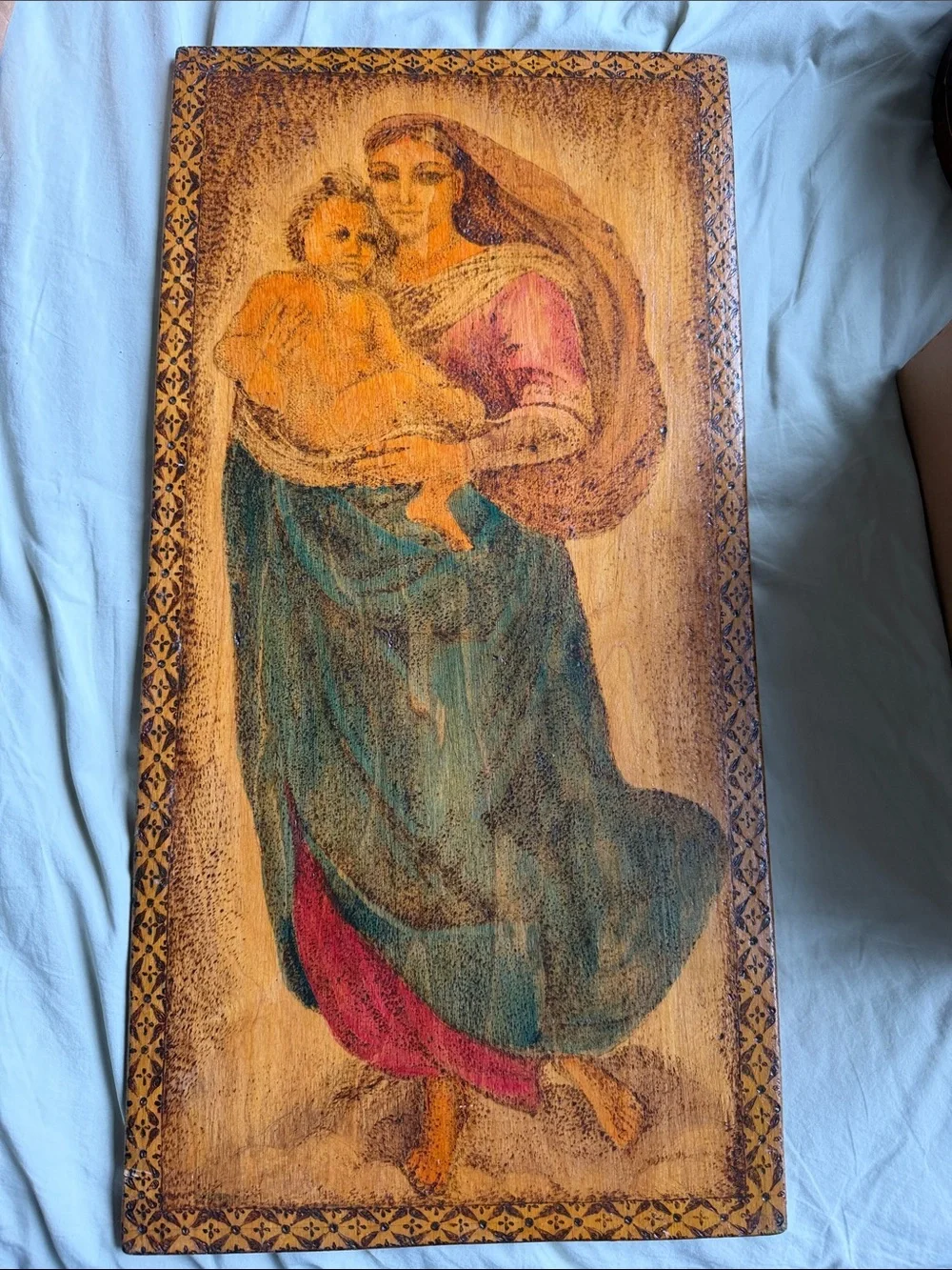 Vintage Religious Madonna and Child Wood Wall Art